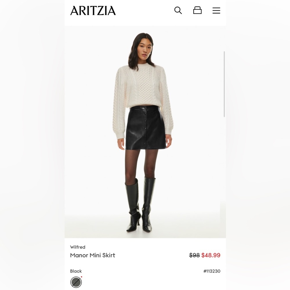 Aritzia Wilfred | NWOT | Black Manor leather mini skirt, snap button | Sz 2